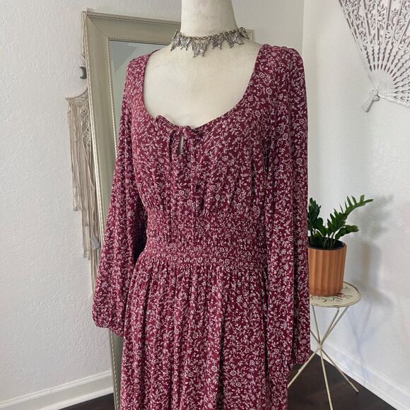 American Eagle Outfitters Boho Whimsical Burgundy Red Floral Babydoll Dress M - Picture 4 of 7